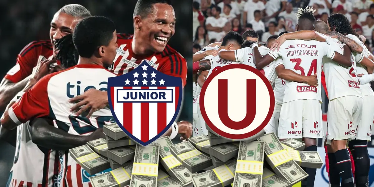 Los planteles de Junior y de Universitario abrazados en el campo de juego