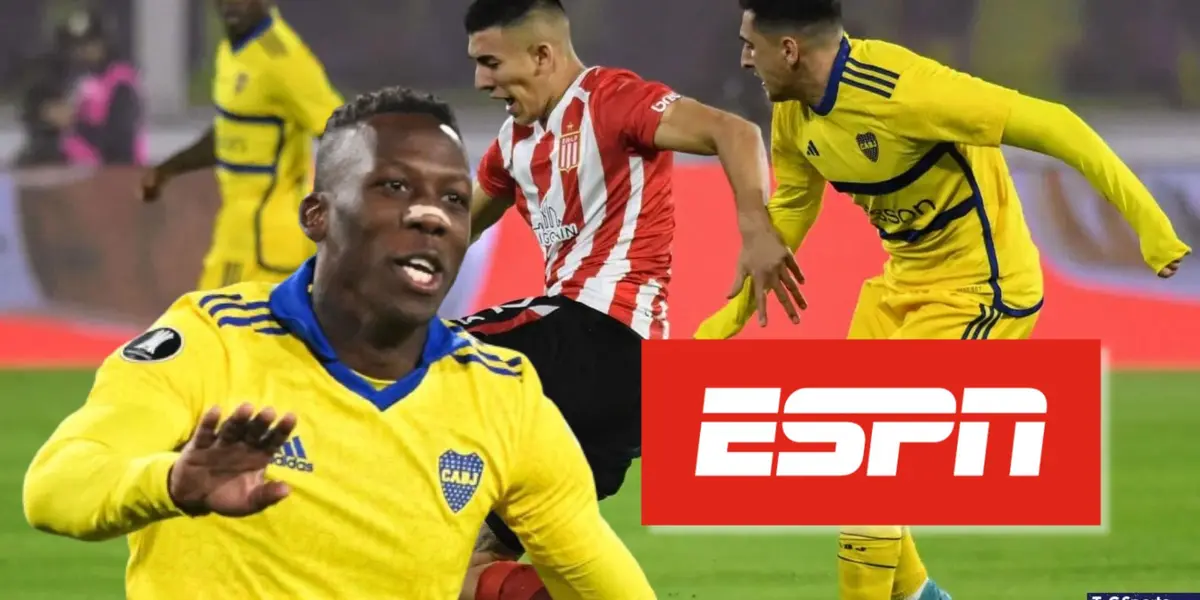 Luis Advíncula con la camiseta de Boca Juniors y detrás una jugada del duelo vs Estudiantes