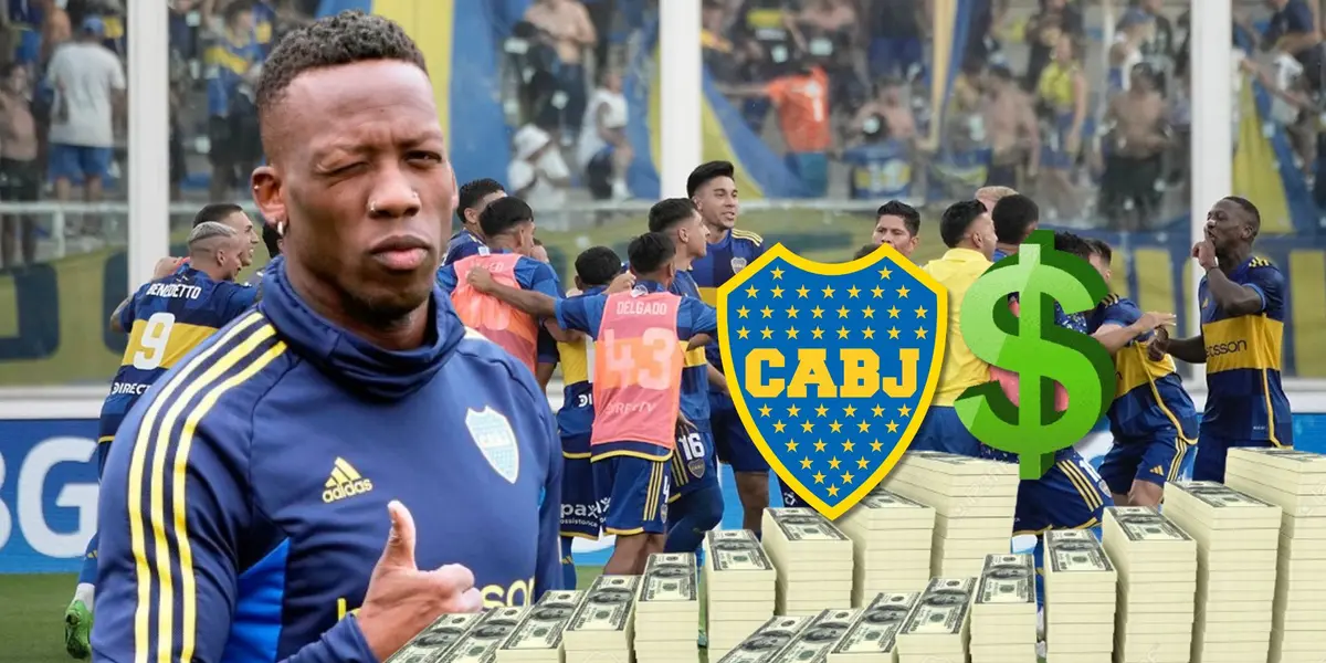 Luis Advíncula con ropa de entrenamiento de Boca Juniors y detrás junto a sus compañeros
