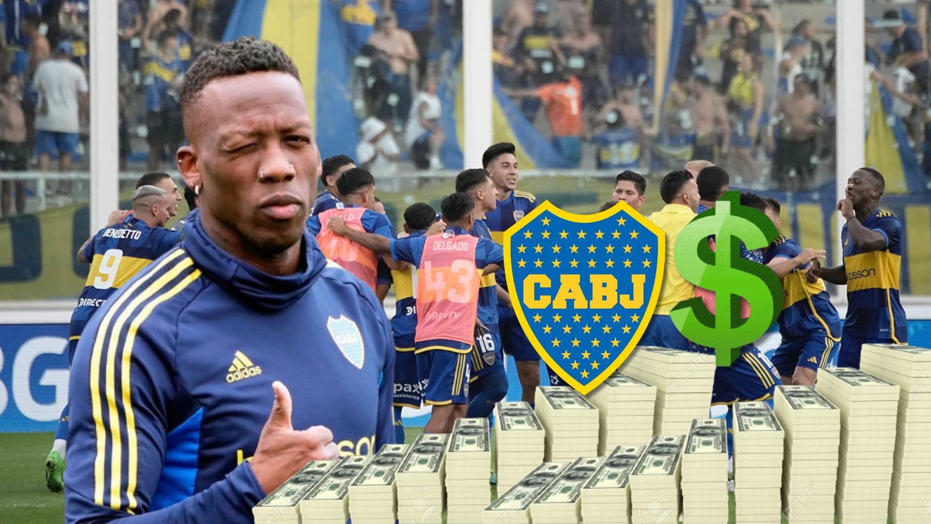 Luis Advíncula con ropa de entrenamiento de Boca Juniors y detrás junto a sus compañeros