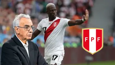 Luis Advíncula estirando el brazo y delante Jorge Fossati pensativo