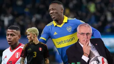 Luis Advíncula festejando, debajo Andy Polo, Oliver Sonne y Jorge Fossati observando