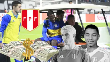 Luis Advíncula saliendo en camilla, debajo Oliver Sonne y Andy Polo