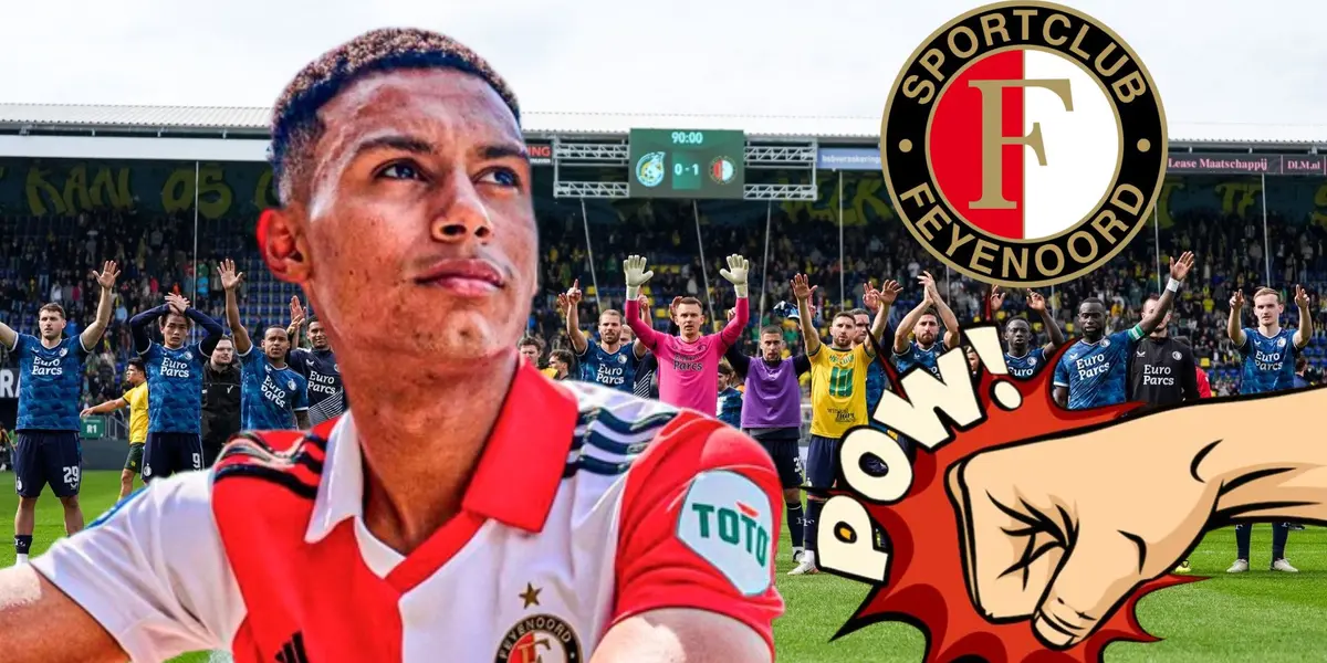 Marcos López con la camiseta del Feyenoord y detrás el plantel holandés