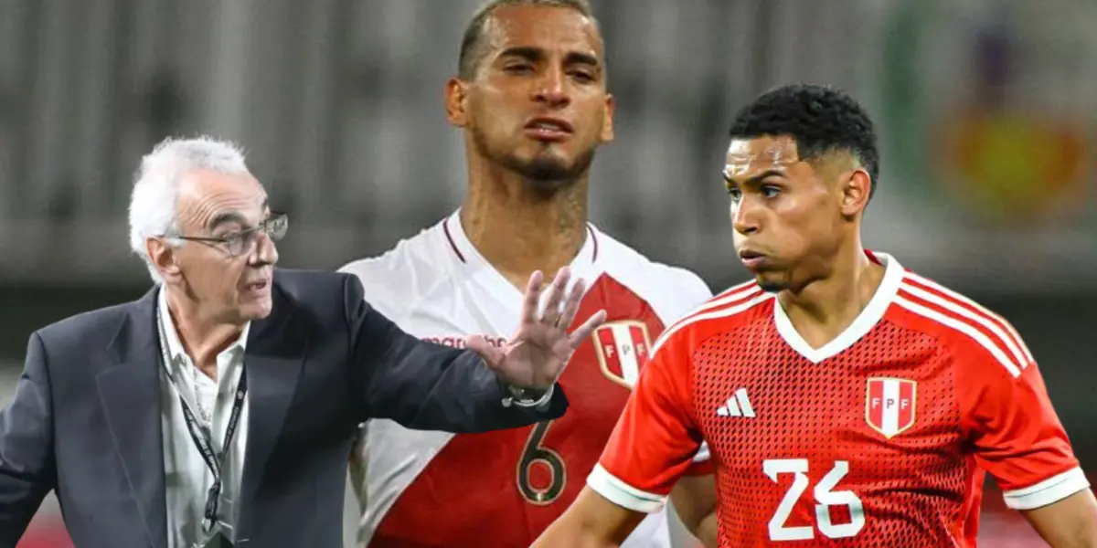 Marcos López y Miguel Trauco con la camiseta de la Selección Peruana, Jorge Fossati haciendo un gesto con la mano