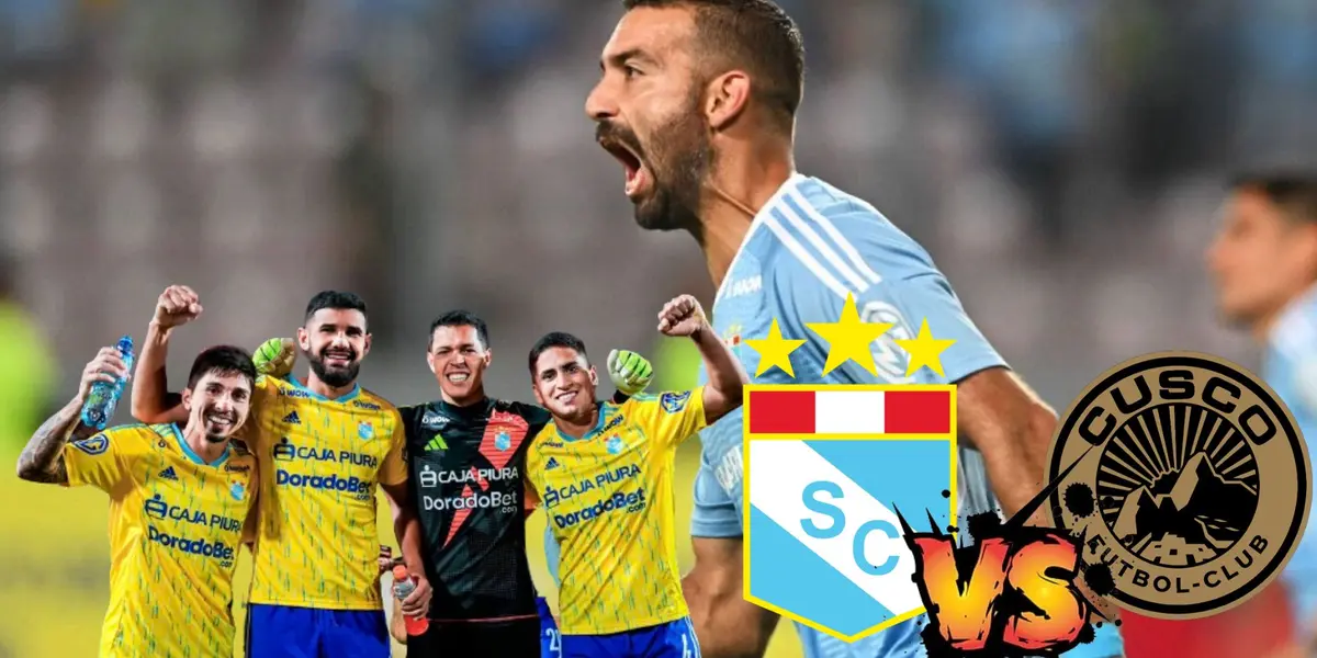 Martín Cauteruccio celebrando un gol y debajo jugadores de Sporting Cristal