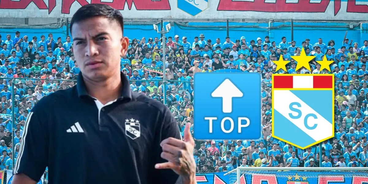 Martín Távara con ropa de Sporting Cristal y detrás la hinchada rimense en el Alberto Gallardo
