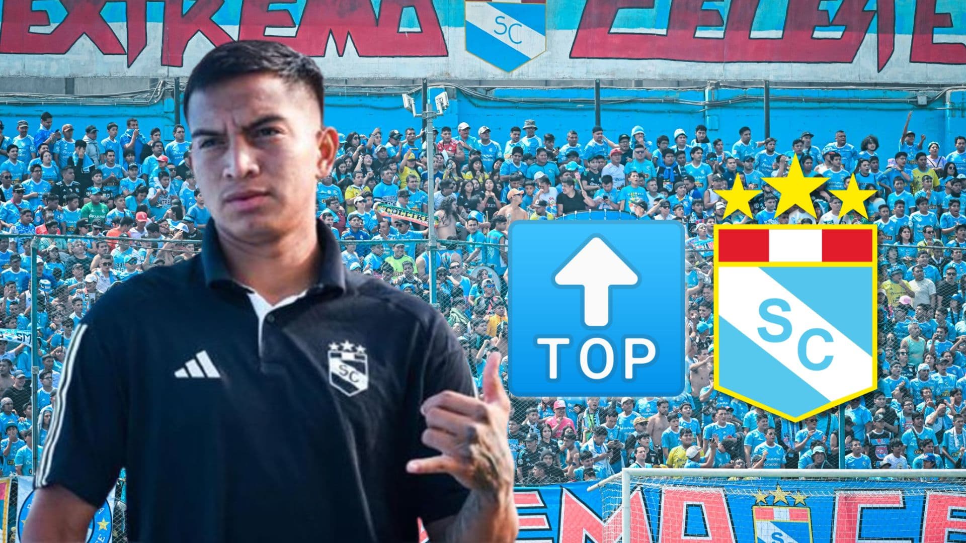 Martín Távara con ropa de Sporting Cristal y detrás la hinchada rimense en el Alberto Gallardo