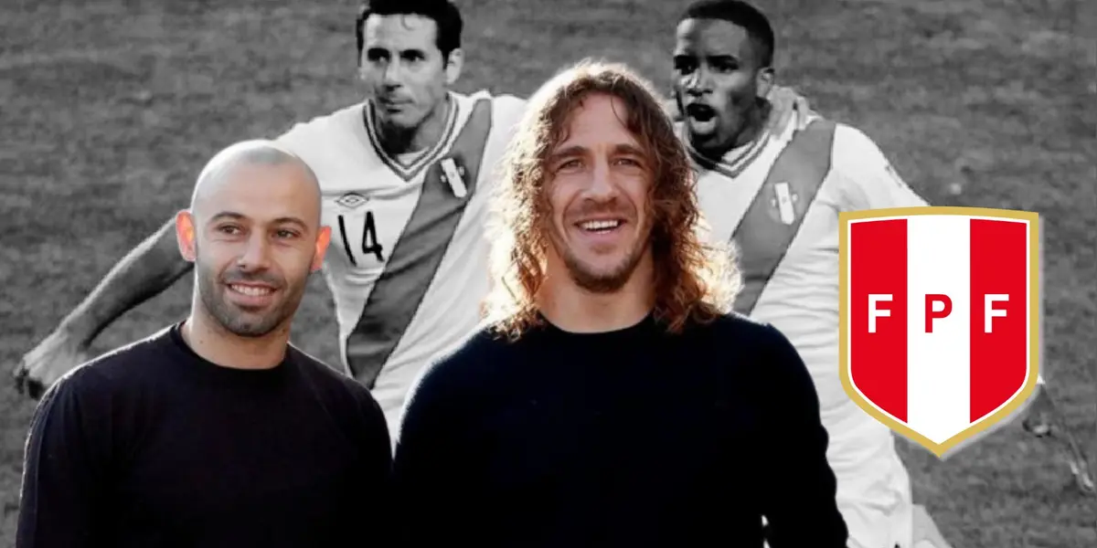 Mascherano al lado de Puyol y detrás Pizarro junto a Farfán con la camiseta bicolor