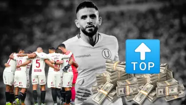 Matías Di Benedetto en un fondo blanco y negro, delante jugadores de Universitario abrazados