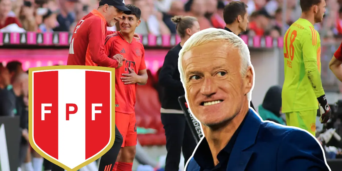 Matteo Pérez hablando con Tuchel y Deschamps sonriente (Foto: Bayern Múnich)