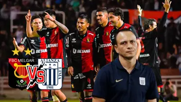 Melgar celebrando gol y Alejandro Restrepo serio