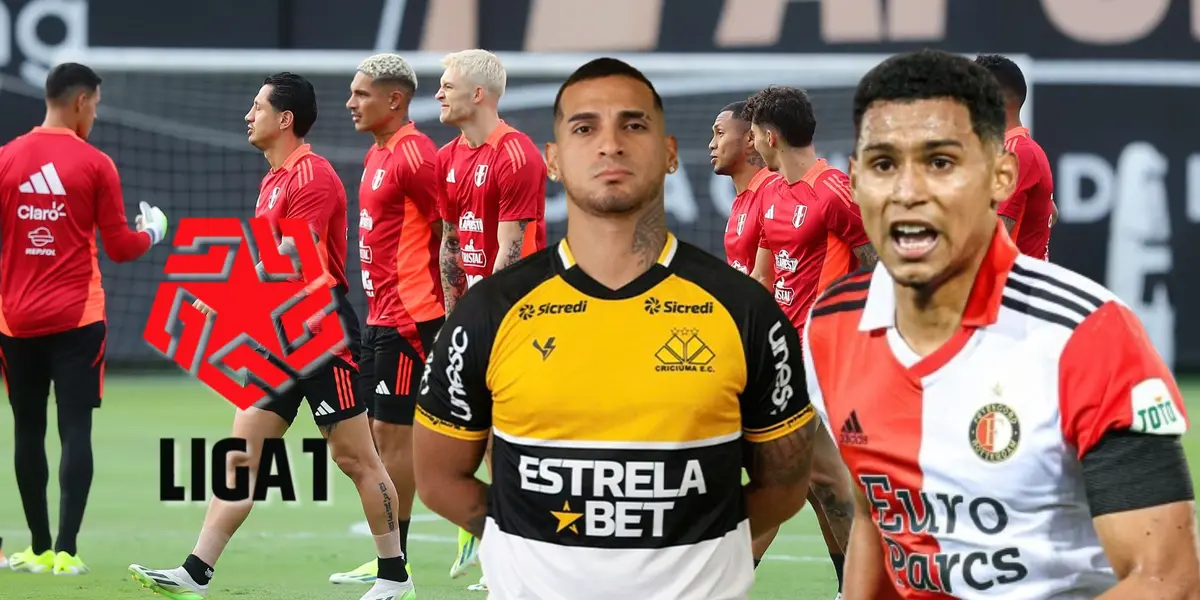 Miguel Trauco, Marcos López y detrás jugadores de la Bicolor en Videna