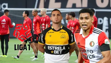 Miguel Trauco, Marcos López y detrás jugadores de la Bicolor en Videna