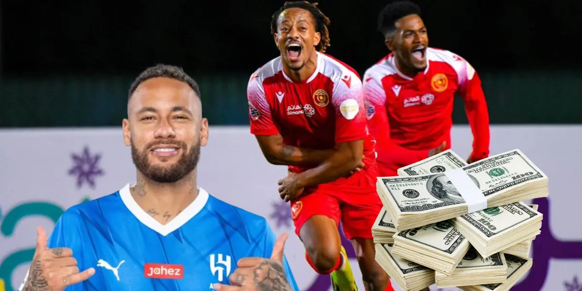 Neymar haciendo su típica pose de gol y André Carrillo celebrando (Foto: Al Qadisiya)