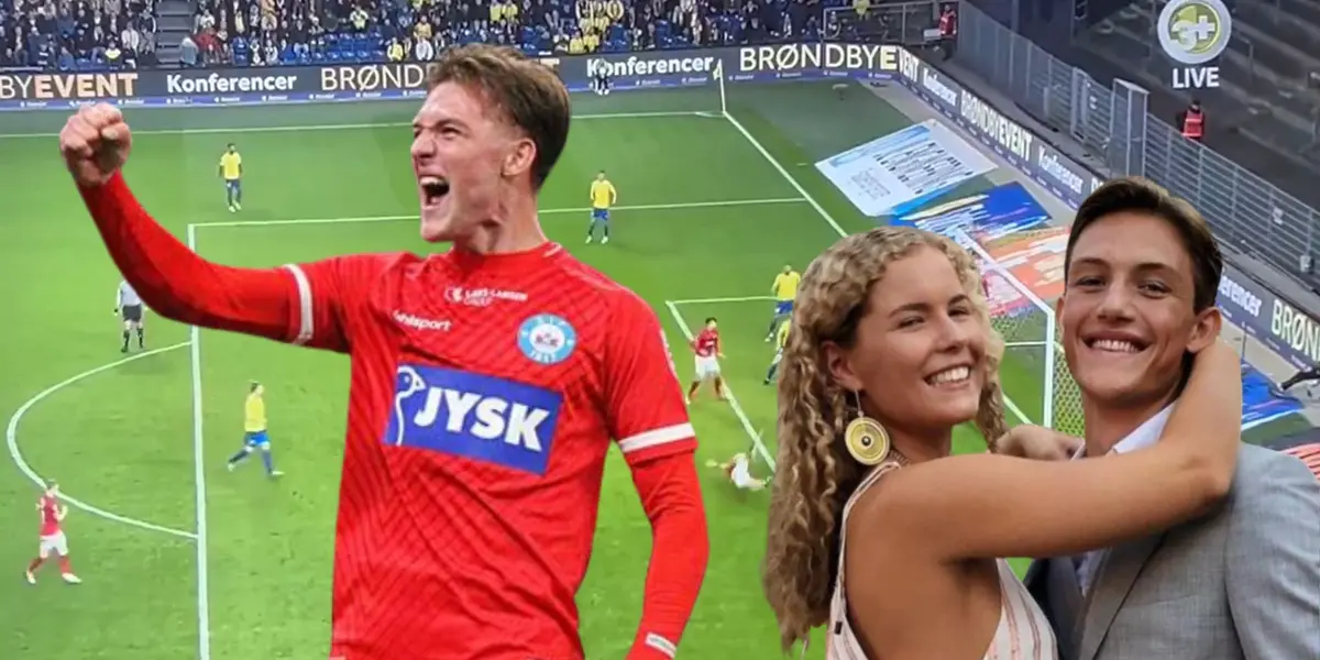 Oliver Sonne festejando un gol y junto a su novia Isabella Taulund