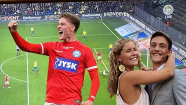 Oliver Sonne festejando un gol y junto a su novia Isabella Taulund