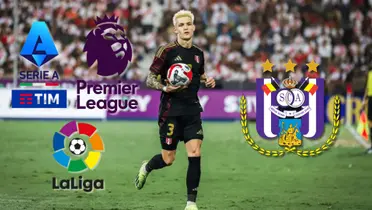 Oliver Sonne vistiendo la camiseta de la Selección Peruana y logos de las Ligas TOP