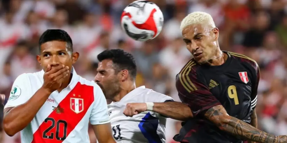 Paolo Guerrero cabeceando un balón, mientras Edison Flores se agarra la boca de sorpresa