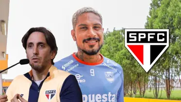 Paolo Guerrero con la UCV y delante Luis Zubeldía en presentación con Sao Paulo