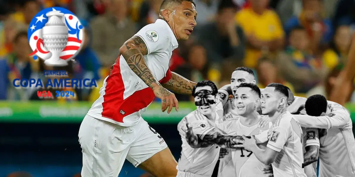 Paolo Guerrero en el campo de juego y debajo jugadores de la Bicolor reunidos