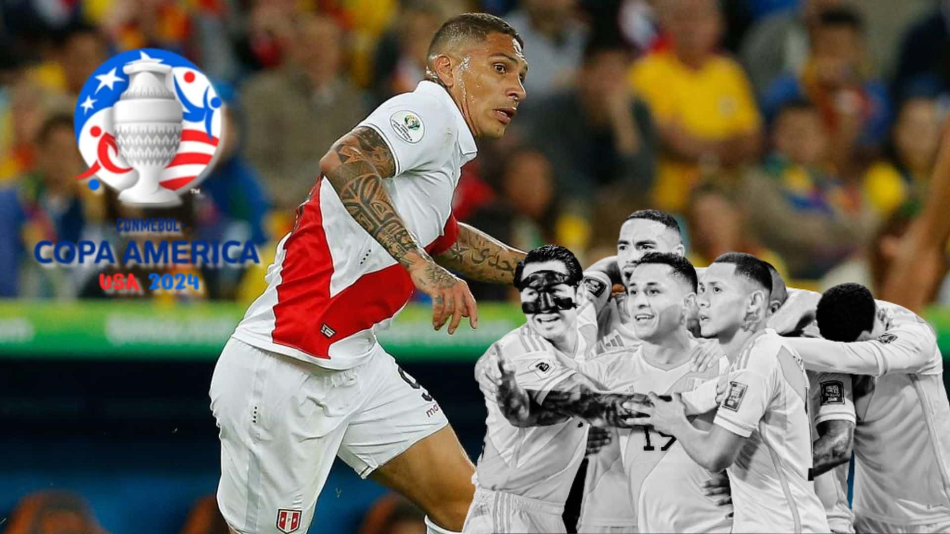 Paolo Guerrero en el campo de juego y debajo jugadores de la Bicolor reunidos