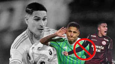 Paolo Guerrero en fondo blanco y negro, adelante Ruidíaz y Valera