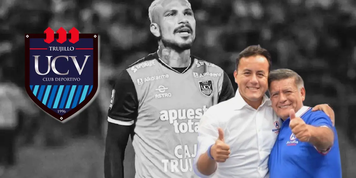 Paolo Guerrero en un fondo blanco y negro, delante Richard y César Acuña