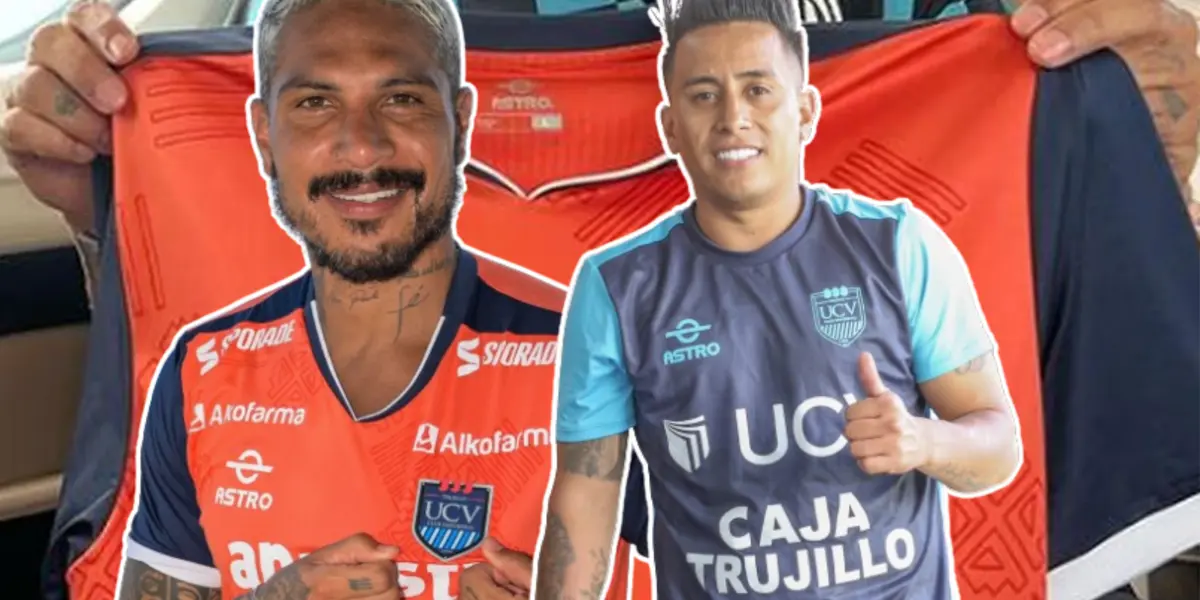 Paolo Guerrero enseñando la camiseta de César Vallejo y Christian Cueva feliz
