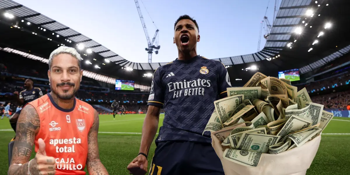 Paolo Guerrero haciendo un gesto de aprobación con el dedo y Rodrygo gritando gol