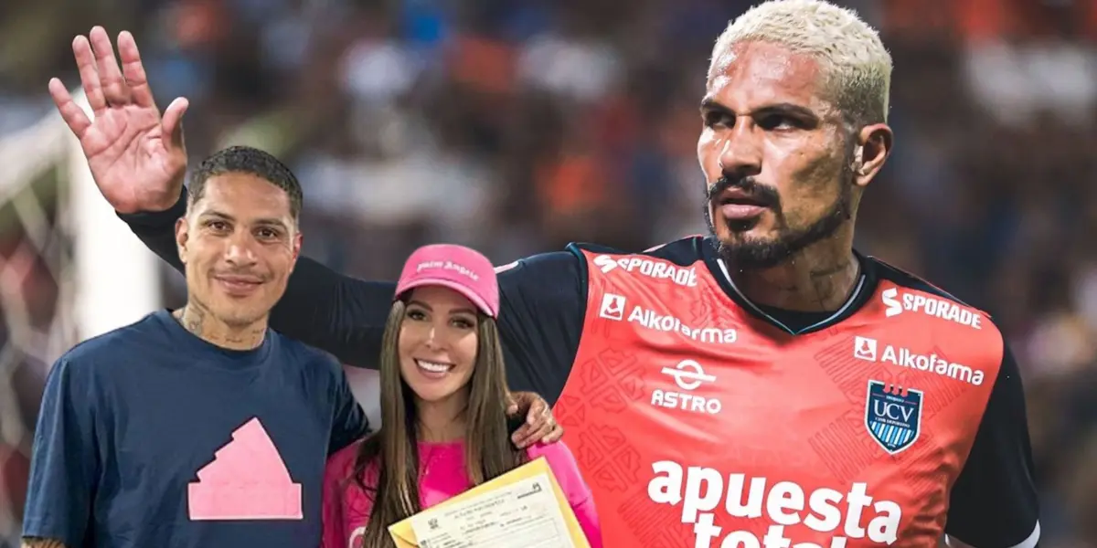 Paolo Guerrero vistiendo la camiseta de la UCV y debajo junto a Ana Paula Consorte
