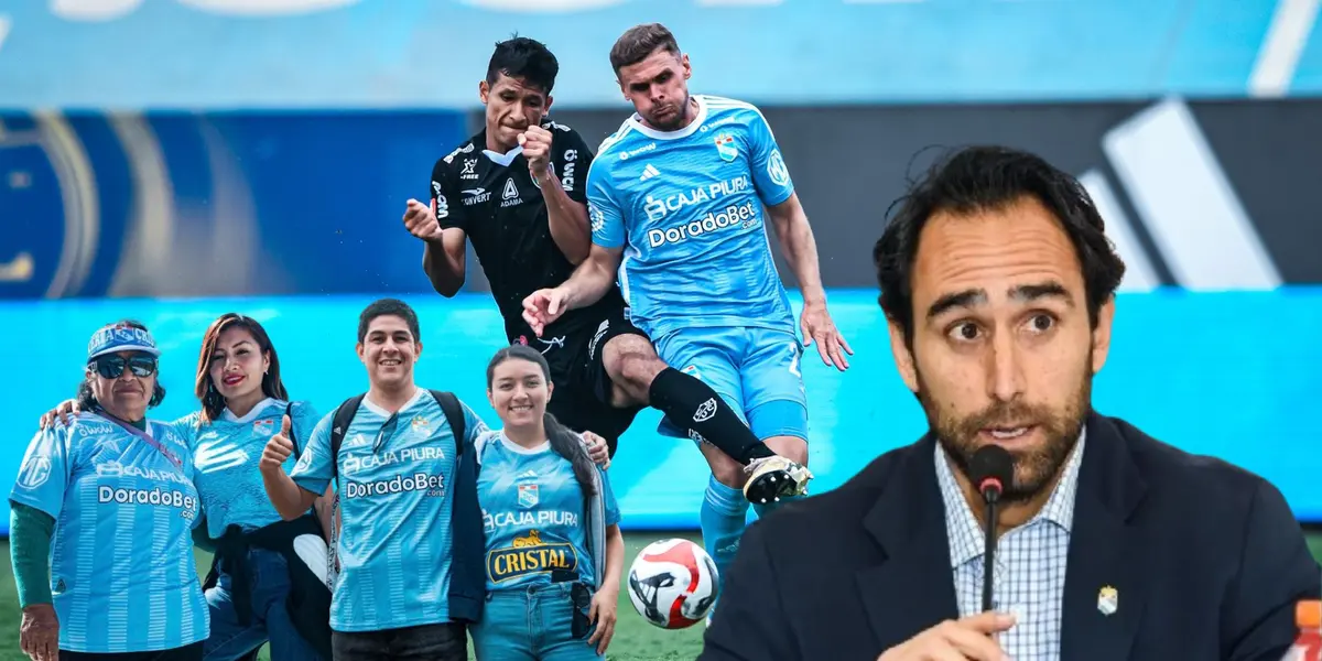 Pasquini disputando una jugada vs Comercio, debajo hinchas de Cristal y Joel Raffo hablando