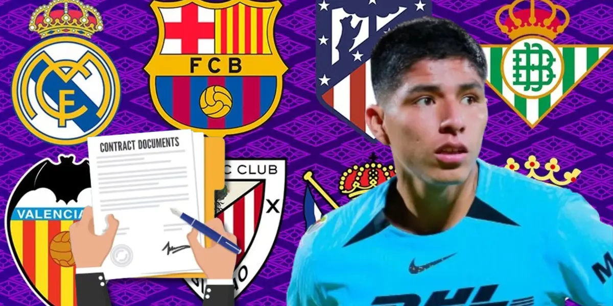 Piero Quispe con la camisetas de los Pumas y detrás equipos de La Liga Española