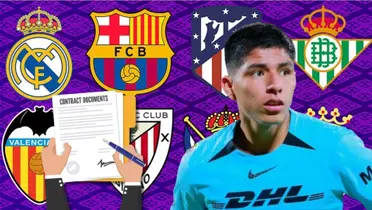 Piero Quispe con la camisetas de los Pumas y detrás equipos de La Liga Española