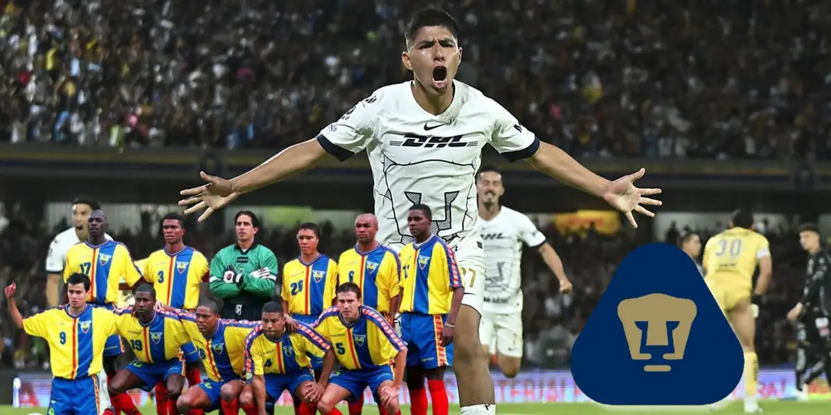Piero Quispe festejando un gol con los Pumas y debajo un 11 histórico de la Selección Ecuador