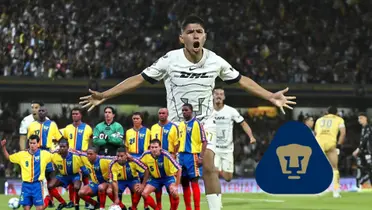 Piero Quispe festejando un gol con los Pumas y debajo un 11 histórico de la Selección Ecuador