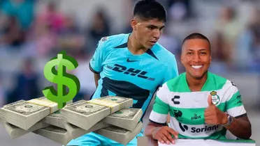 Quispe jugando por los Pumas de la UNAM y Aquino posando con la camiseta del Santos Laguna