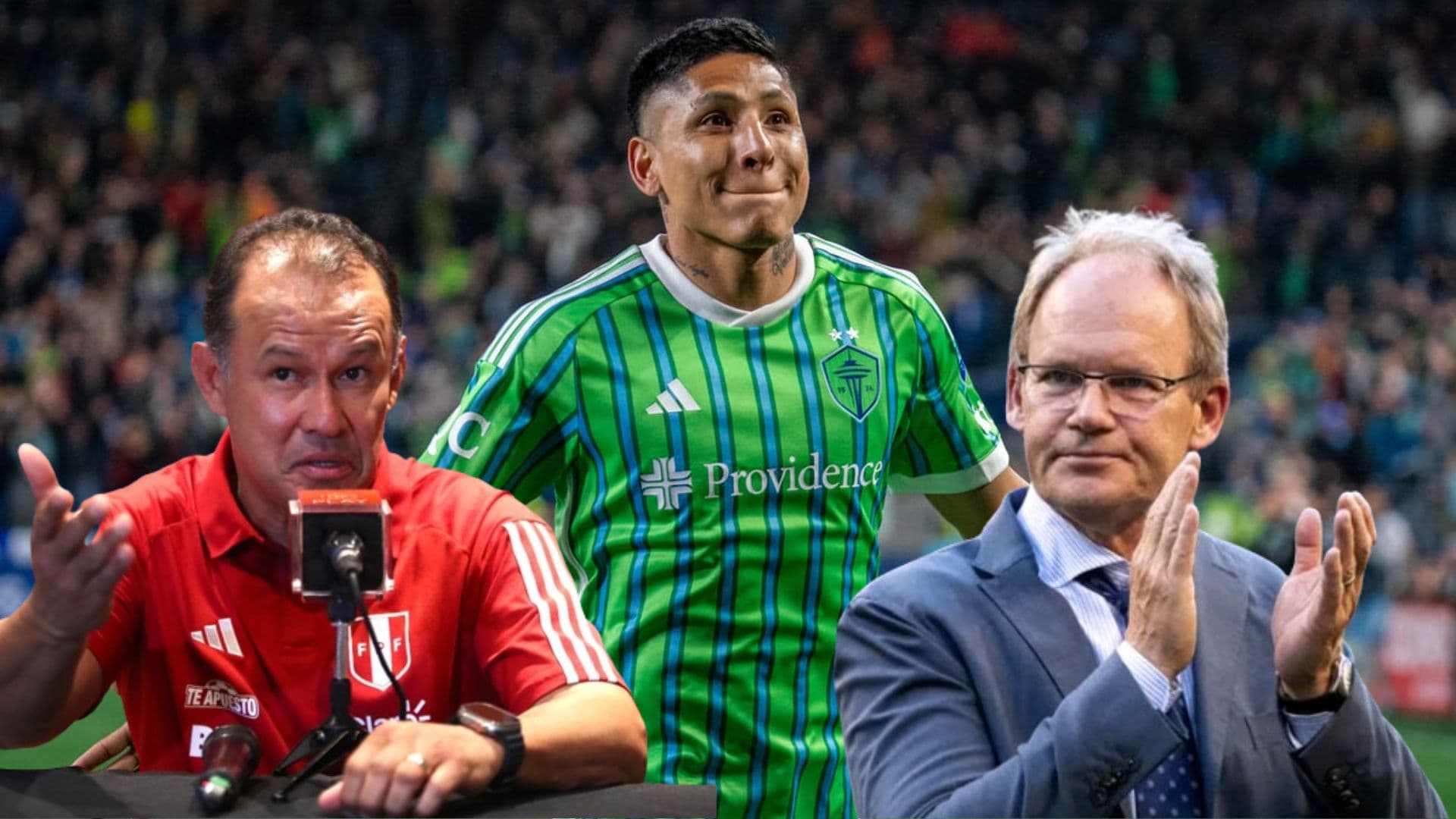 Raúl Ruidíaz celebrando, Juan Reynoso en conferencia y Brian Schmetzer