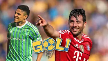 Raúl Ruidíaz con la camiseta del Seattle Sounders y Claudio Pizarro vistiendo la del Bayern Múnich