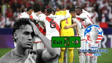 Renato Tapia agarrándose la cabeza y detrás jugadores de la Bicolor reunidos