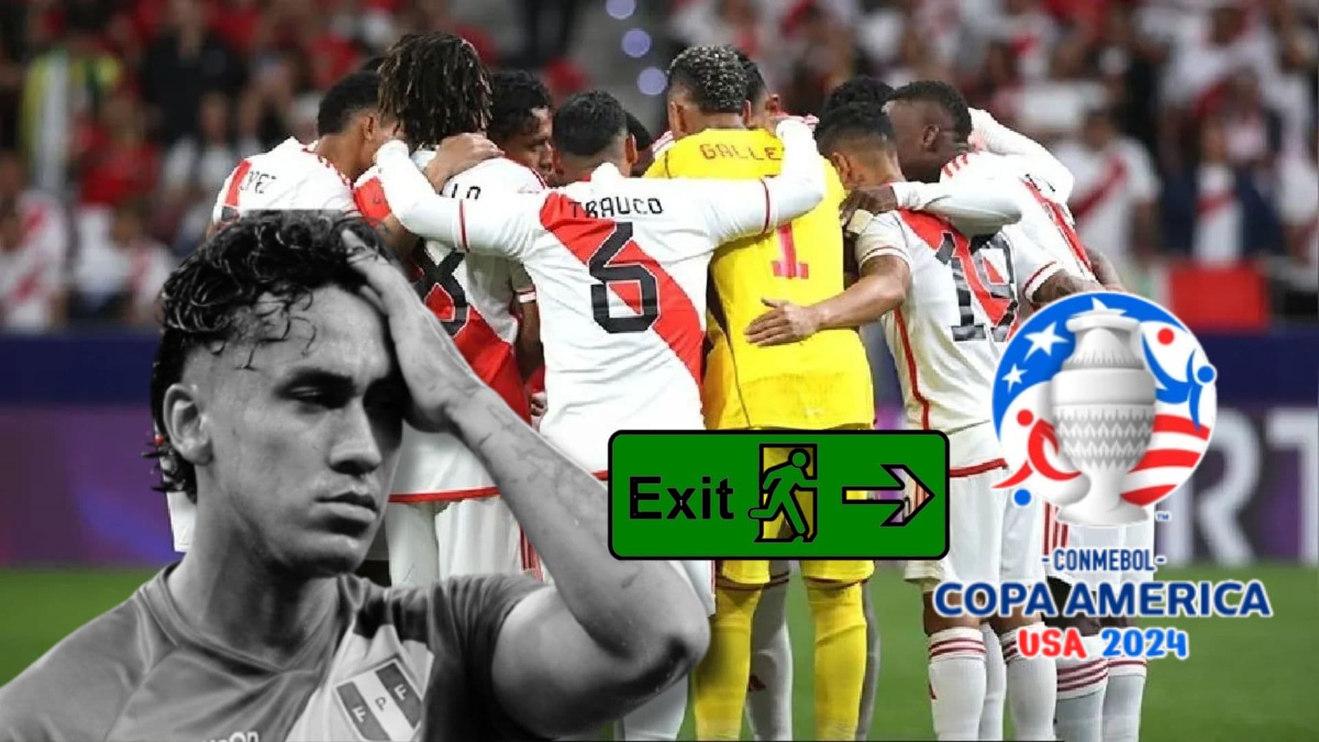 Renato Tapia agarrándose la cabeza y detrás jugadores de la Bicolor reunidos