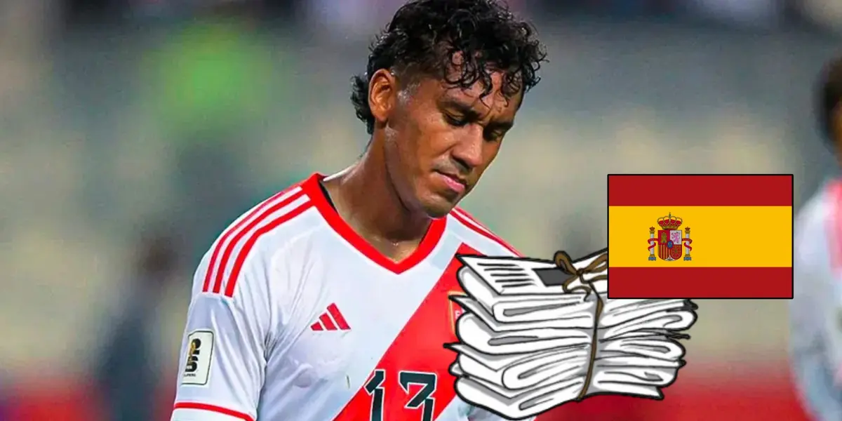 Renato Tapia con la cabeza abajo y vistiendo la camiseta de la Bicolor