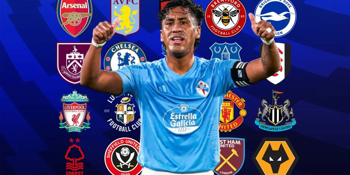 Renato Tapia con la camiseta del Celta de Vigo y detrás los clubes actuales de la Premier League