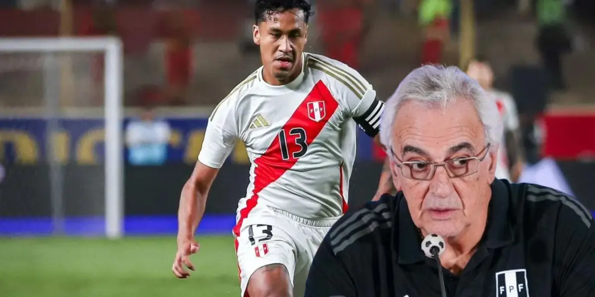Renato Tapia jugando con la Bicolor y debajo Jorge Fossati