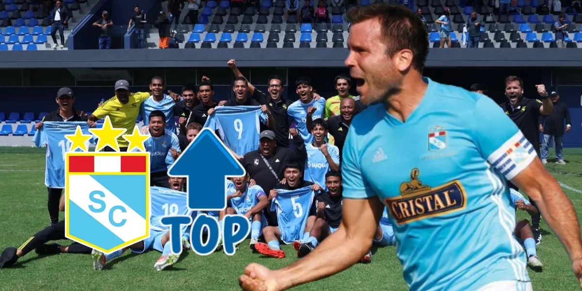 Renzo Revoredo celebrando y detrás jugadores de Sporting Crsital Sub-18