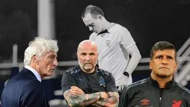 Restrepo triste y Pékerman, Sampaoli y Wesley serio (Foto: Alianza Lima)