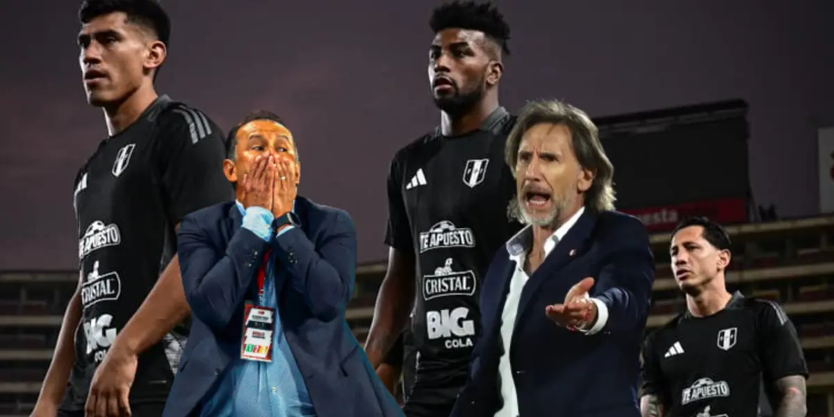 Reynoso con las manos en la boca, Gareca molesto y los jugadores de Perú calentando (Foto: FPF)