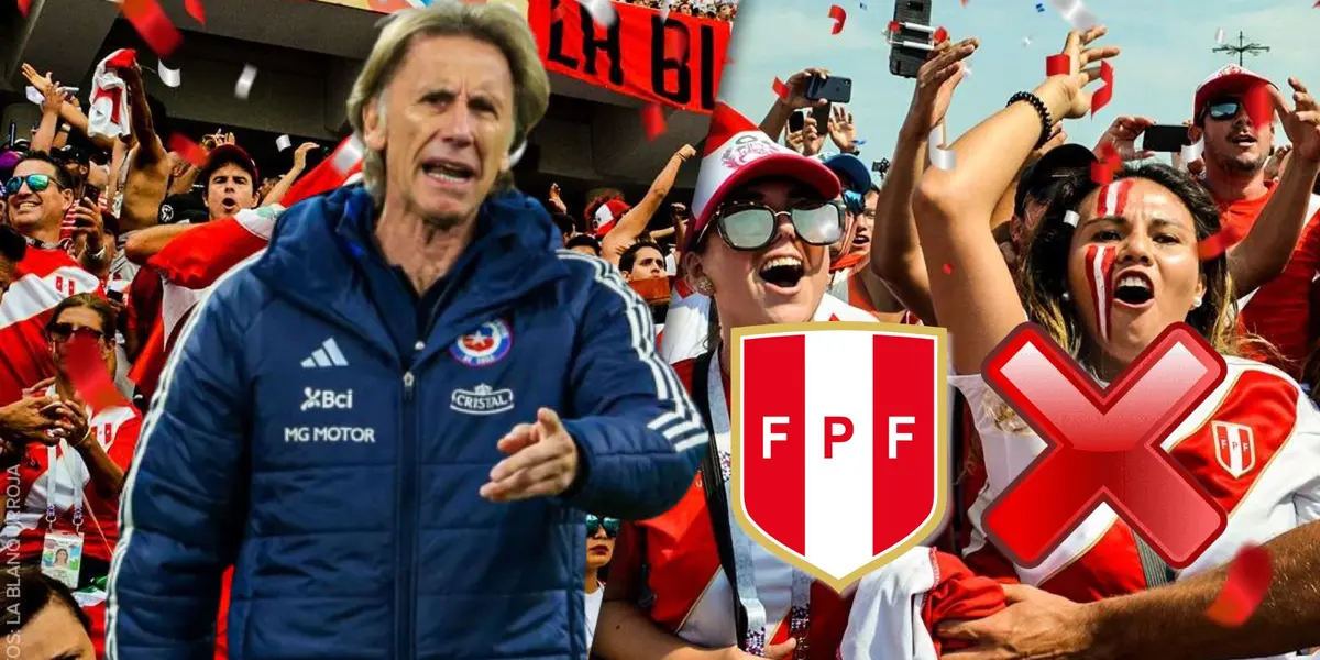 Ricardo Gareca con el buzo de la Selección Chilena y detrás hinchas de la Blanquirroja