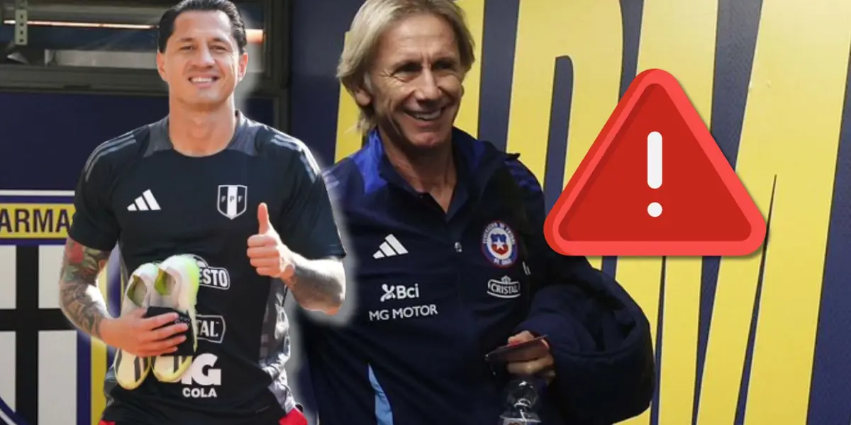 Ricardo Gareca con el buzo de la Selección Chilena y Gianluca Lapadula posando para la cámara