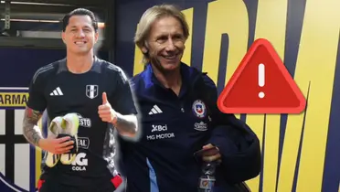 Ricardo Gareca con el buzo de la Selección Chilena y Gianluca Lapadula posando para la cámara